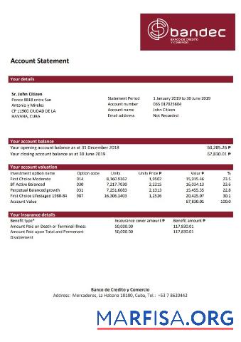 Printable Cuba Bandec Banco de Credito y Comercio bank statement word template
